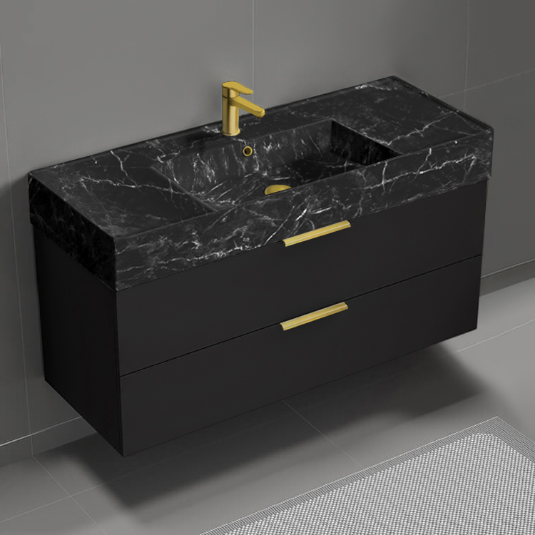 Bathroom Vanity Floating Black Bathroom Vanity, Modern, 48 Inch, Black Marble Style Sink, Gold Handles Nameeks DERIN937